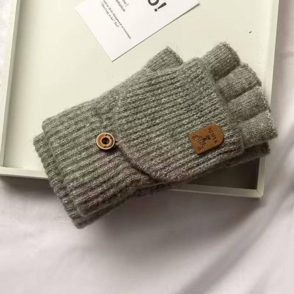 Winter Thick Half Finger Flip Gloves for Cute Women, Warm Cycling in Winter, Knitted for Students To Write and Type On