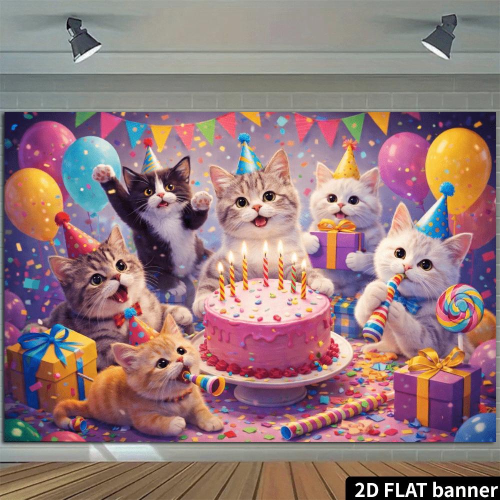 2D Plane Purple-toned Cat Birthday Background Cloth - Durable Polyester Fabric