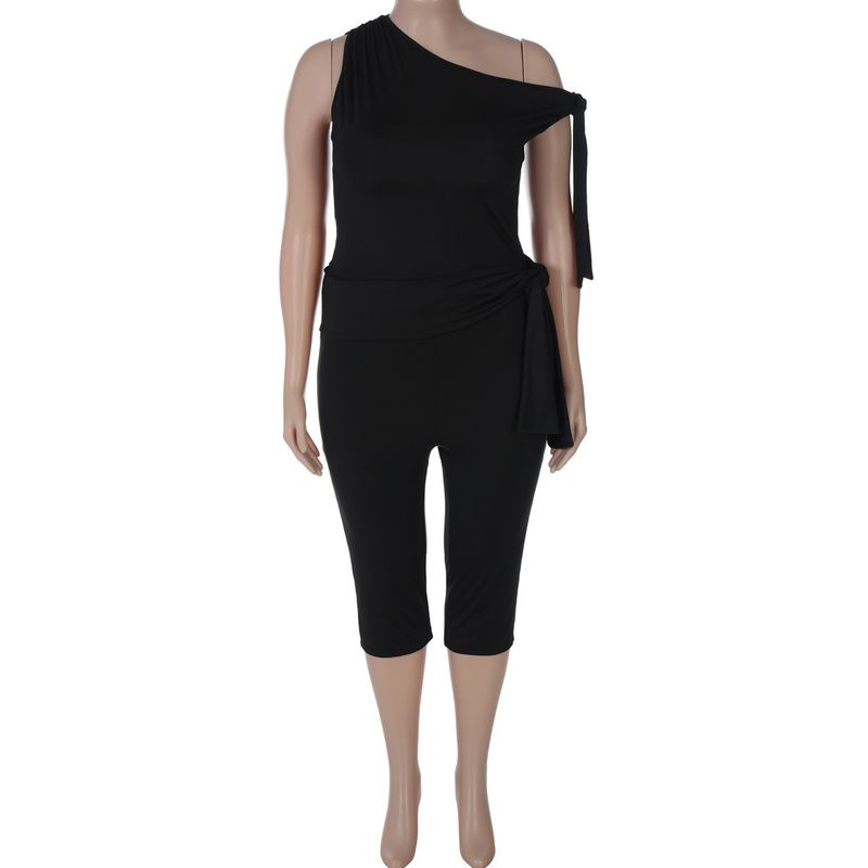 

Мода Большой Размер для Девушки Женская Одежда 2025 Лето Новая Мода Тонкий Плечо Топы на Шнуровке Однотонный Костюм с Шортами Black 0XL