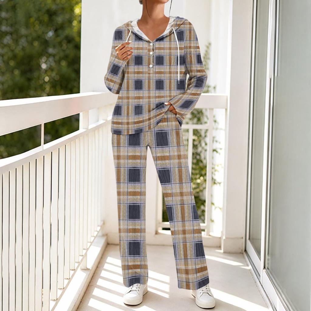 Women's V-Neck Printed Long Sleeve Hoodie Loungewear Set with Pockets - Loose Fit 2 Piece Casual Sleepwear Pajama Set for Home