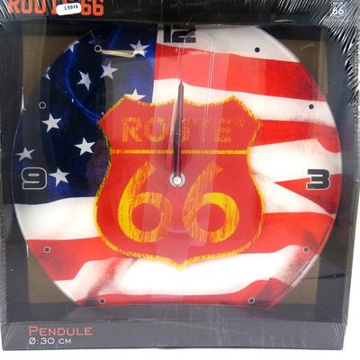 [L5916] - Wall Clock 'Route 66' US Flag 30 Cm