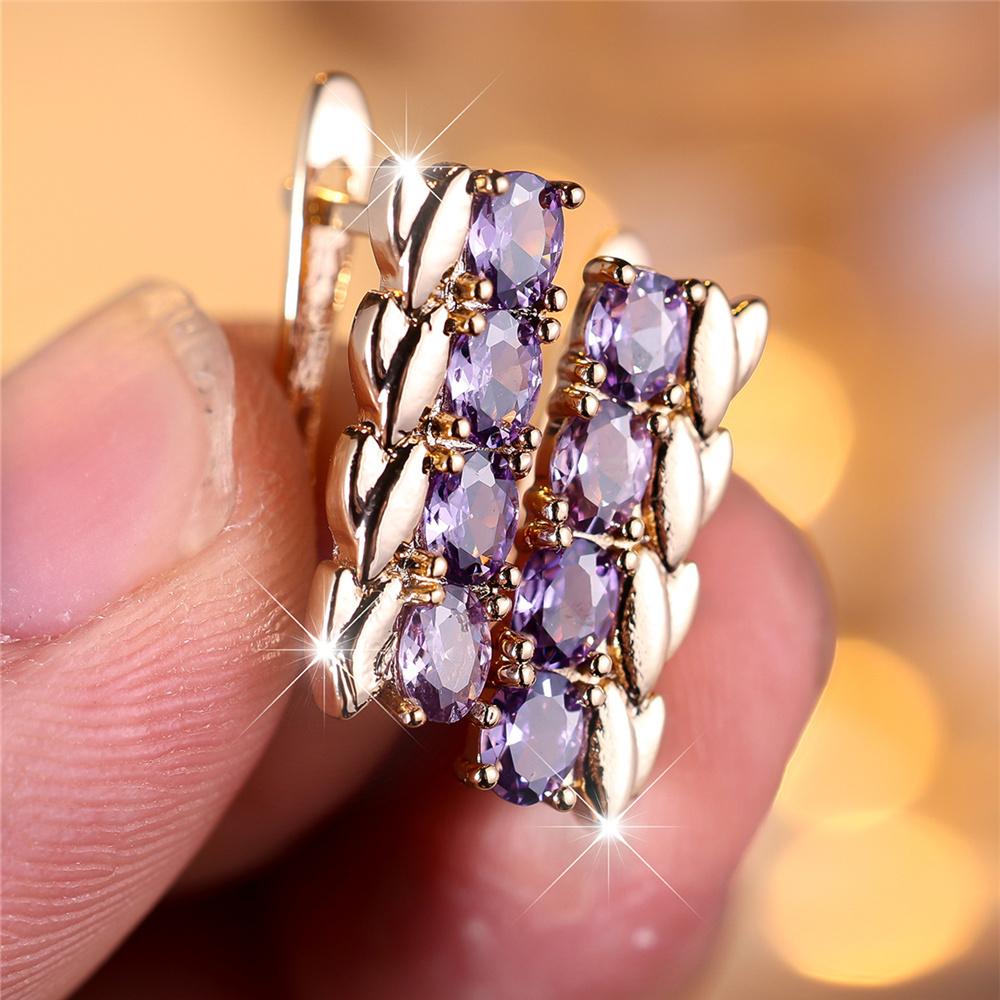 Charm Female Purple Crystal Zircon Stone Wheat Hoop Earrings Gold Color Simple Wedding Jewelry For Women