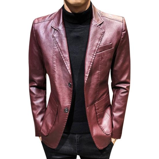 Autumn Winter Men Solid Color Faux Leather Suit Jacket Long Sleeve Lapel Blazer