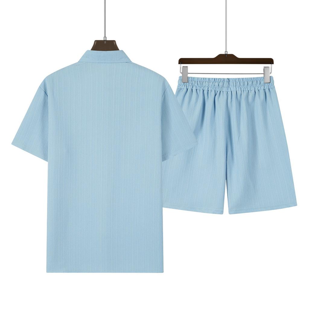 Men's Summer Hawaiian Stripe Textured Button Shirt Shorts Set