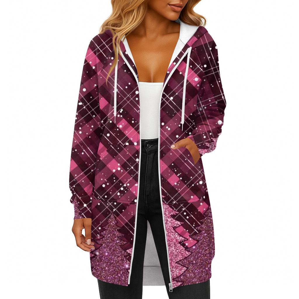 Women's Fashionable Christmas Printed Long Sleeved Drawstring Hooded Zipper Pocket Long Casual Sweatshirt Jacket