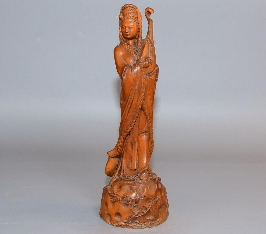 Chinese Antique Boxwood Carved Beautiful Woman Statue Sculpture Home Decor Art