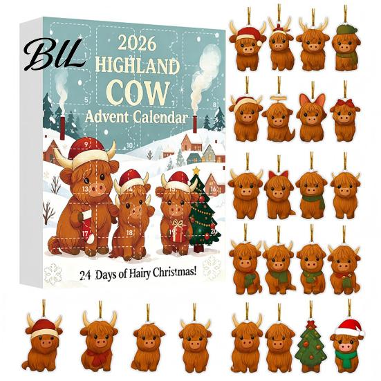 Festliche Partyartikel Hochlandkuh Weihnachtskalender mit 24 Acryl-Anhängern, Countdown-Geschenk für Box Weihnachtsbaum-Hängedekoration Und