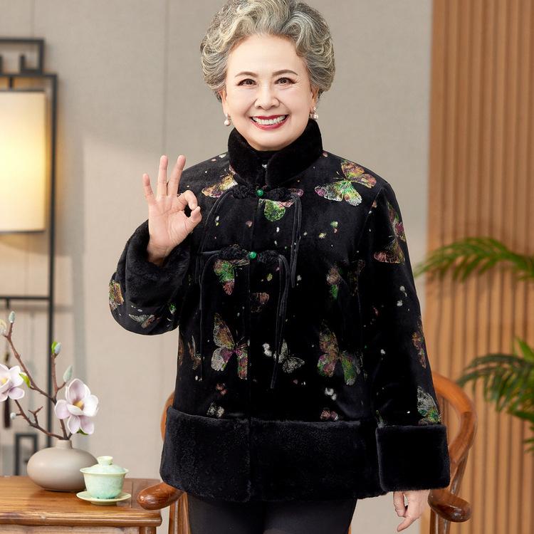 

Cotton Jacket Mother Dress Casual Retro Noble Velvet Thickened Jacket Old Lady Winter Gold Velvet Coat Embroidered Cotton Clothing XL