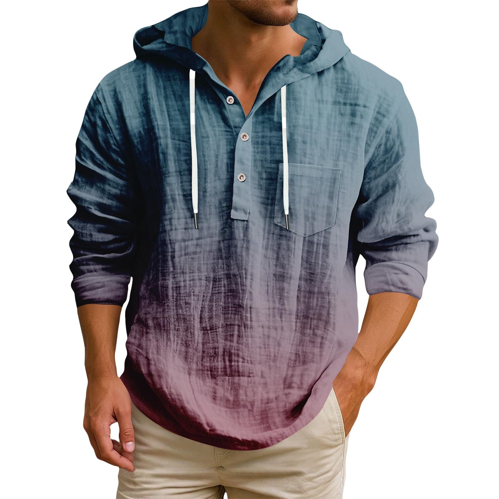 

Мужская футболка с капюшоном градиентного цвета из хлопка и льна, мужской повседневный топ с длинным рукавом M