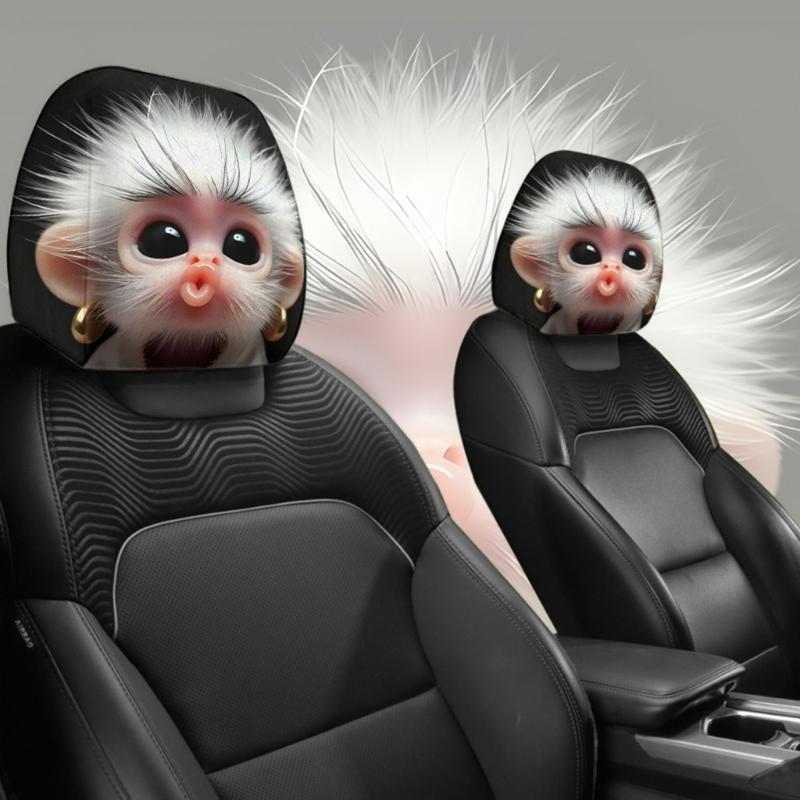 Vehicle Headrest Cover Pair, Monkey Print Polyester Car Headrest Slipcover Set for Plain Headrests During Daily Drives, Family Use, and Ride Share Use