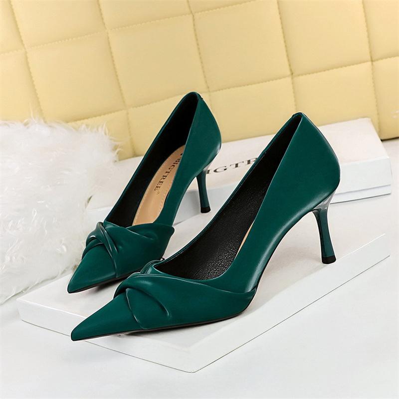 Fashion Women Luxury Suede Shallow Mouth Pointed Toe Thin High Heels Pumps Party Green  Bow Knot Wedding Bridal Party Shoes