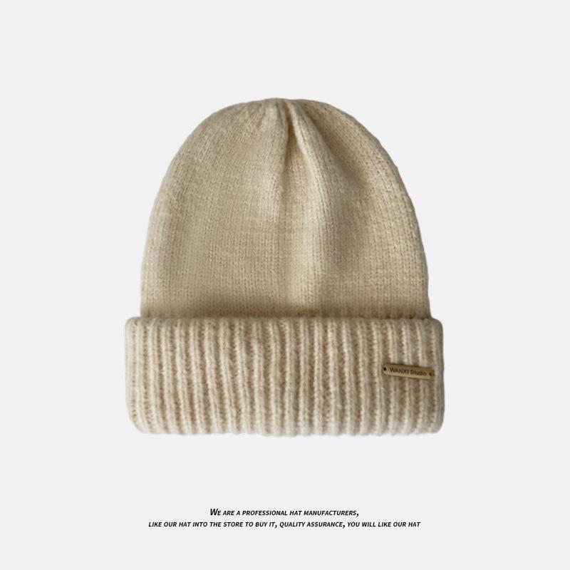 Wool Warm Pile Hat Women's Autumn and Winter Korean Style Trendy Metal Label Knitted Hat Men's Face Revealing Small Loose Thick Wool Hat