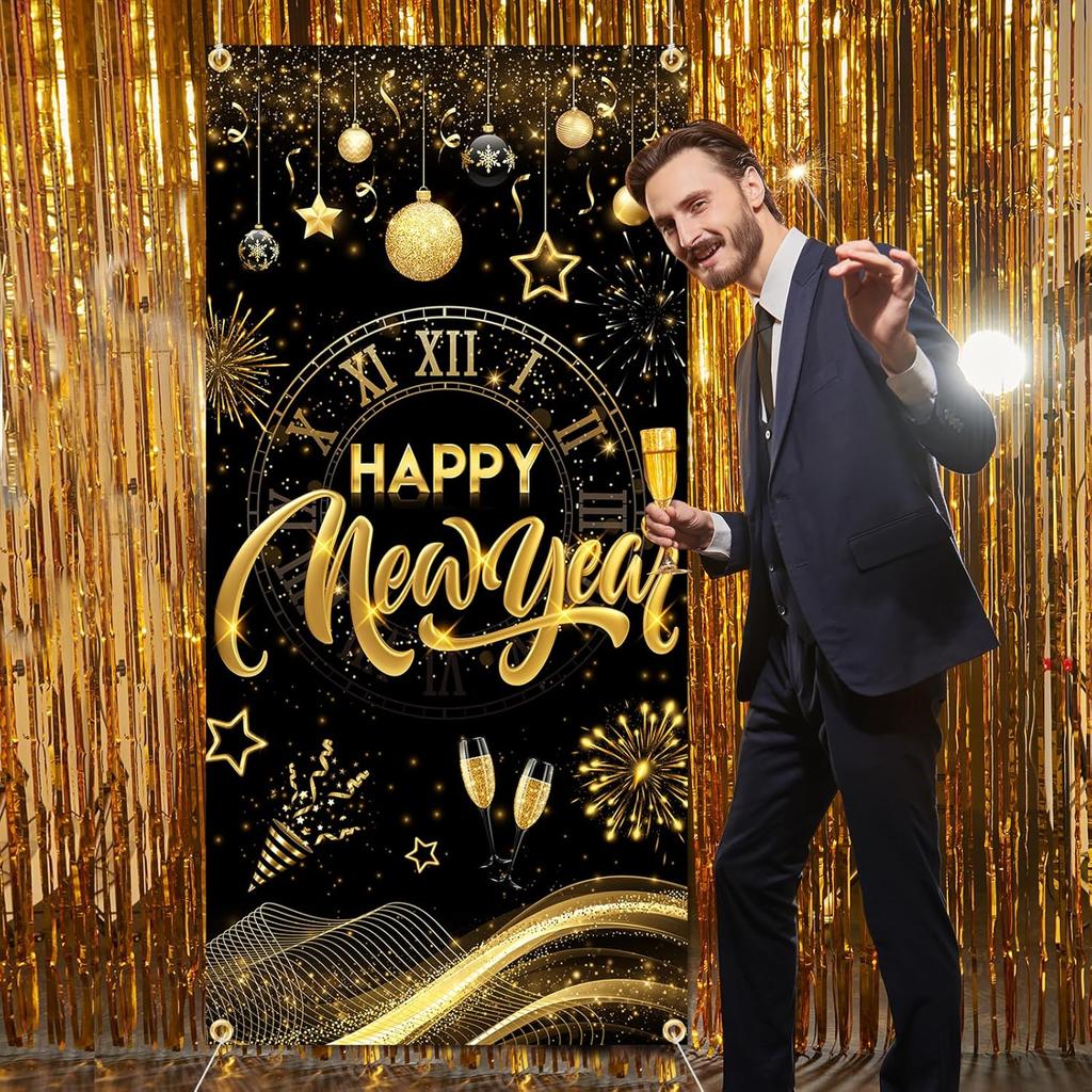 New Years Decorations 2026 Door Cover, Black and Gold Happy New Year Door Banner NYE Front Porch Hang Door Cover, NYE Door Banner for New Year Eve