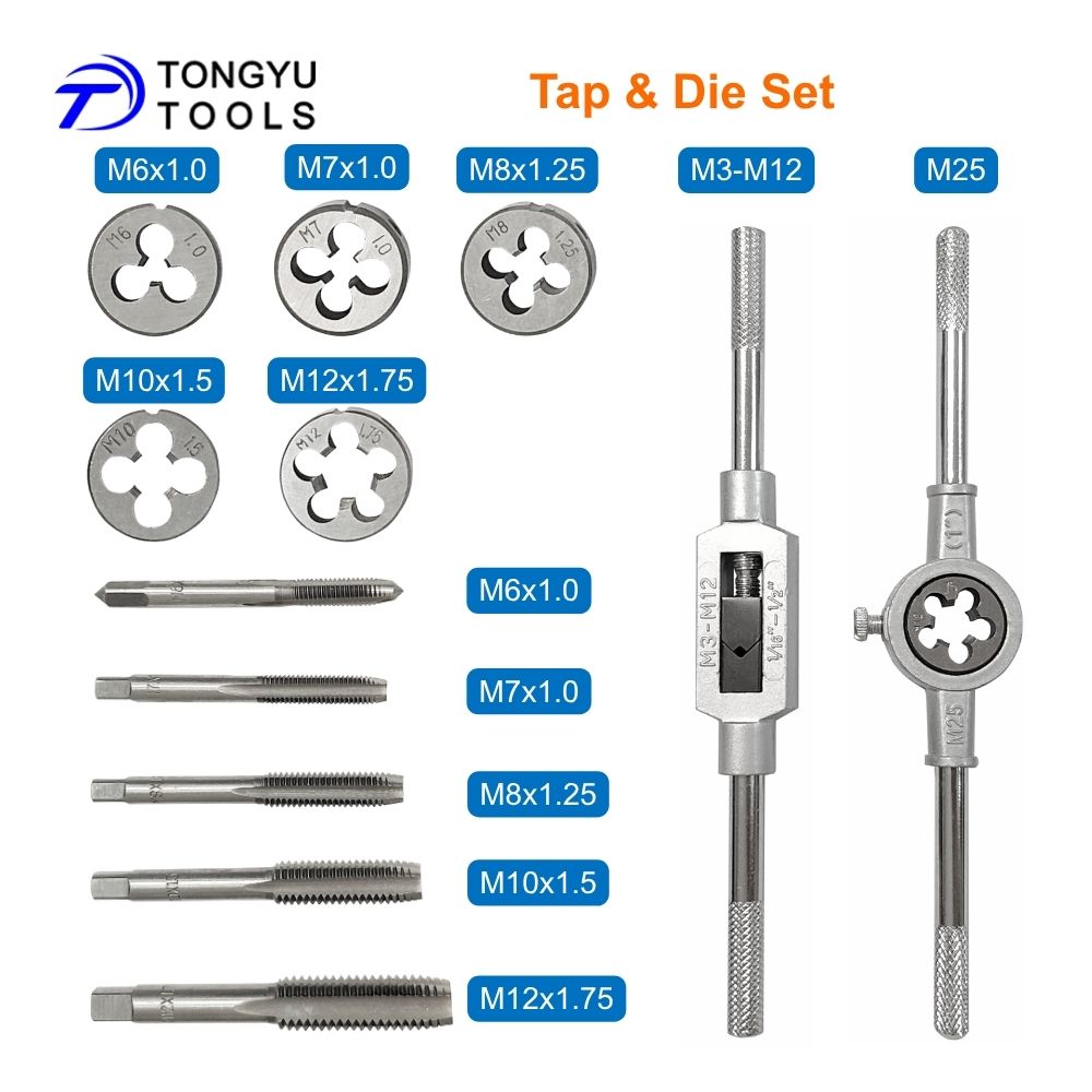 12Pcs Metric Tap and Die Set M6-M12 Thread Repair Re-threading Tool Kit with Tap Wrench Die Stock