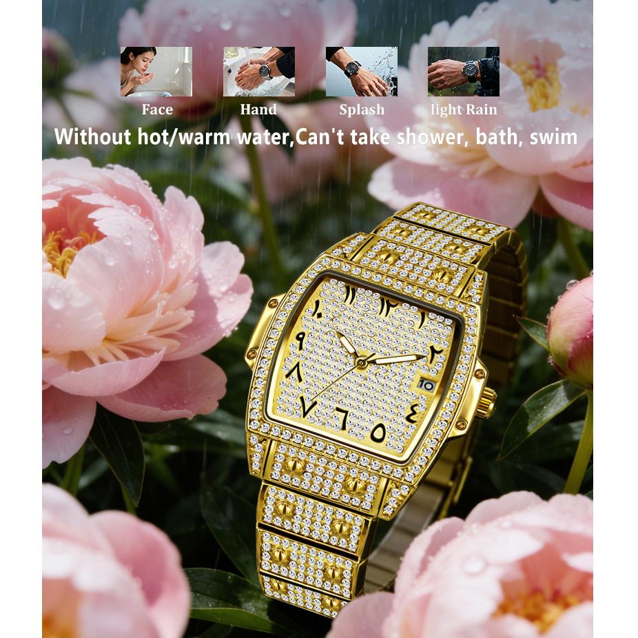 Womens Diamond Watch Tonneau Barrel-Shaped Luxury Quartz Wristwatch Bling Crystal Dress Watch Arabic Numerals Waterproof