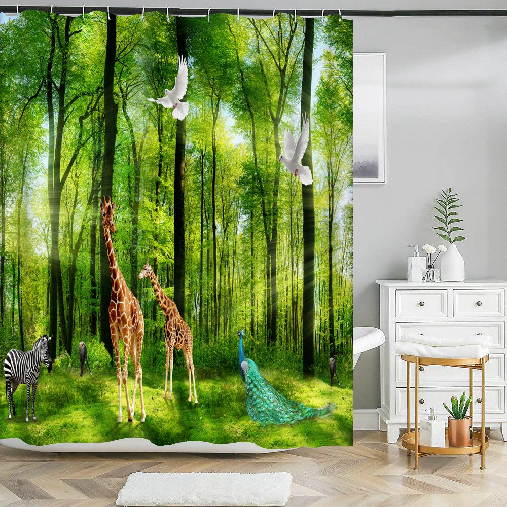 Natural Scenery Shower Curtain Set Forest Waterfall Spring Landscape Home Bathtub Decor Waterproof Polyester Bathroom Curtains
