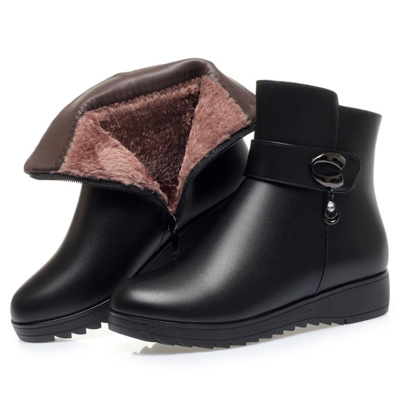 Women's Ladies Mother Female Genuine Leather Ankle Boots Platform Wedges Shoes Winter Round Toe Non Slip Plush Wool Warm Zipper