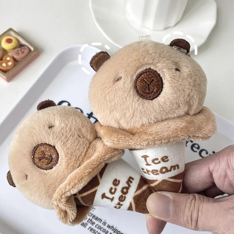 11cm Adorable Cotton Capybara Plush Stuffed Animal Doll Cute Ice Cream Cone Keychain Backpack Charm Party Gift for Kids