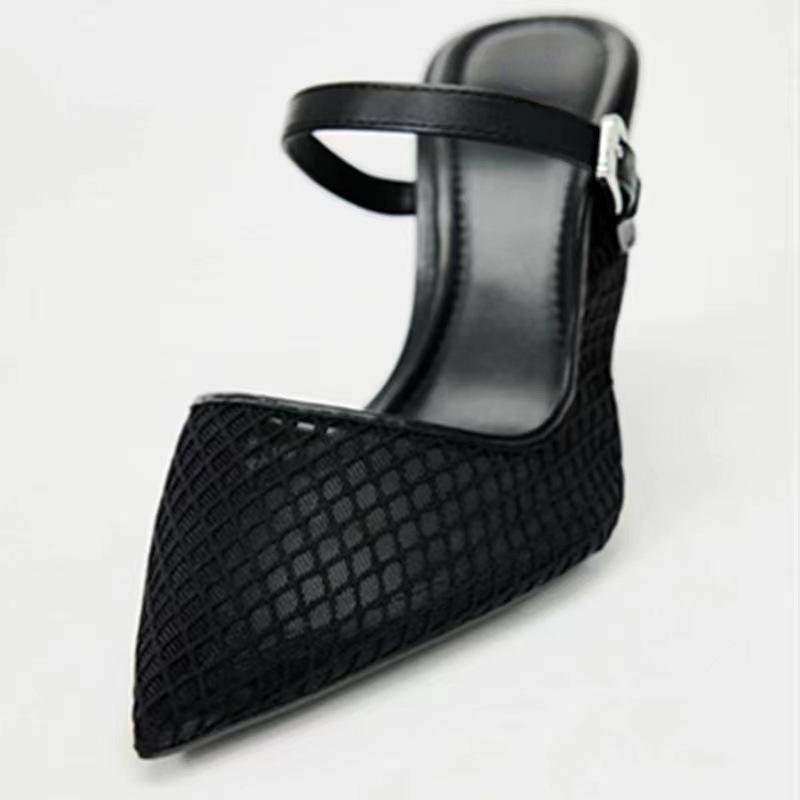 Mules à talons hauts pour femmes, chaussures sexy à bout pointu, talons aiguilles d'été, noires, creuses, maille respirante, sandales vintage pour femmes