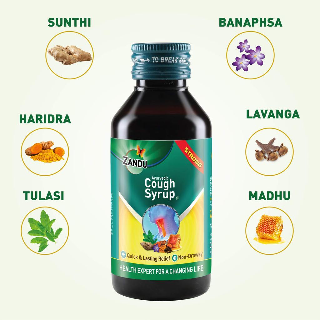 Zandu Ayurvedic Herbal Throat Comfort Syrup Non Drowsy Daily Wellness Liquid Traditional Botanical Blend 100 ml Bottle