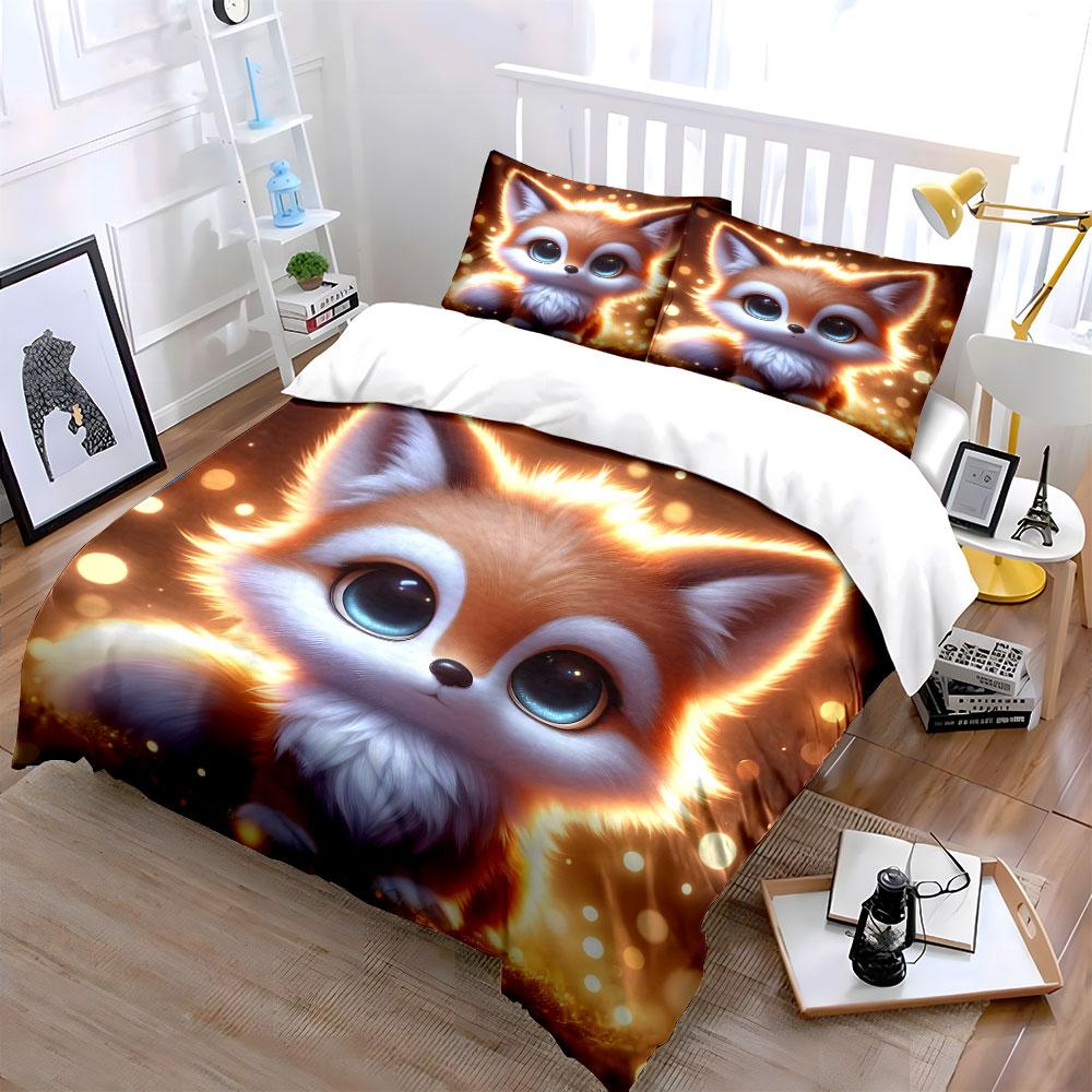 Cute Little Fox With Dreamy Lights Duvet Cover Set With 3D Printing Design Soft Polyester Bedding Set All-Season Comfort