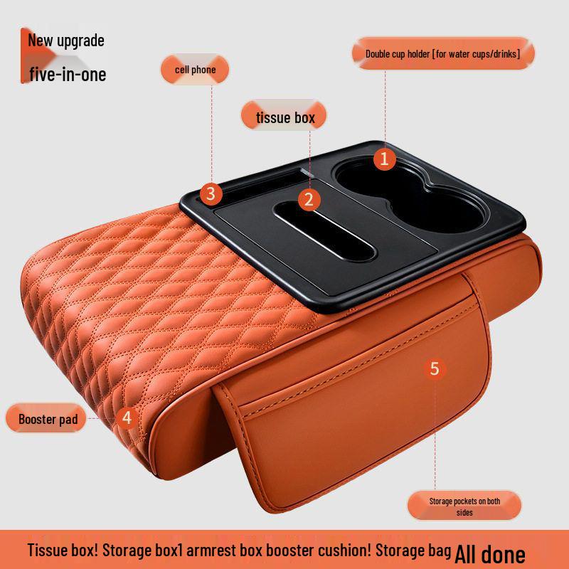5-in-1 Leather Car Armrest Cushion with Storage & Tissue Holder