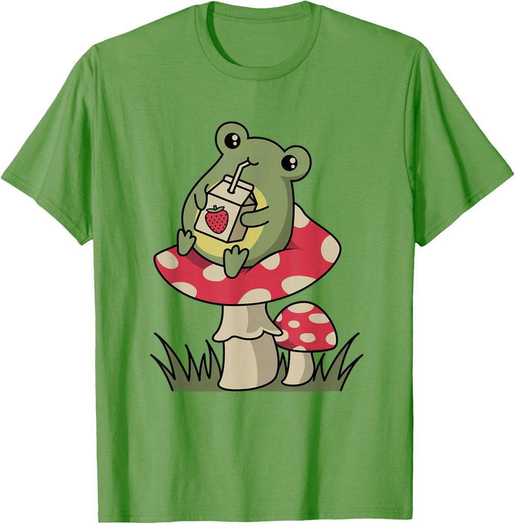 Cottagecore Frog Drinking Strawberry Milk Mushroom Graphic Tee Soft Casual Cotton T-Shirt for Unisex