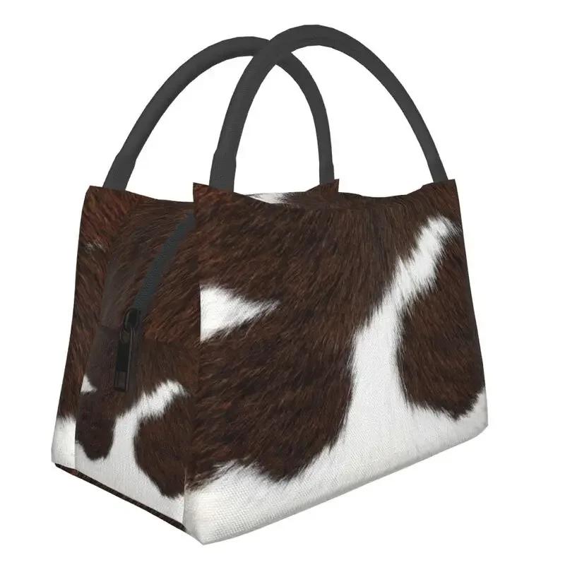 Scottish Highland Cow Cowhide Texture Thermal Insulated Lunch Bag Animal Hide Leather Lunch Container for Picnic Meal Food Box