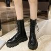 Mid Calf Boots Lace-up Women's Boots Pu Leather Platform Boot Non-Slip Zipper Ankle Boots Fashion Chunky Heel Women Shoes