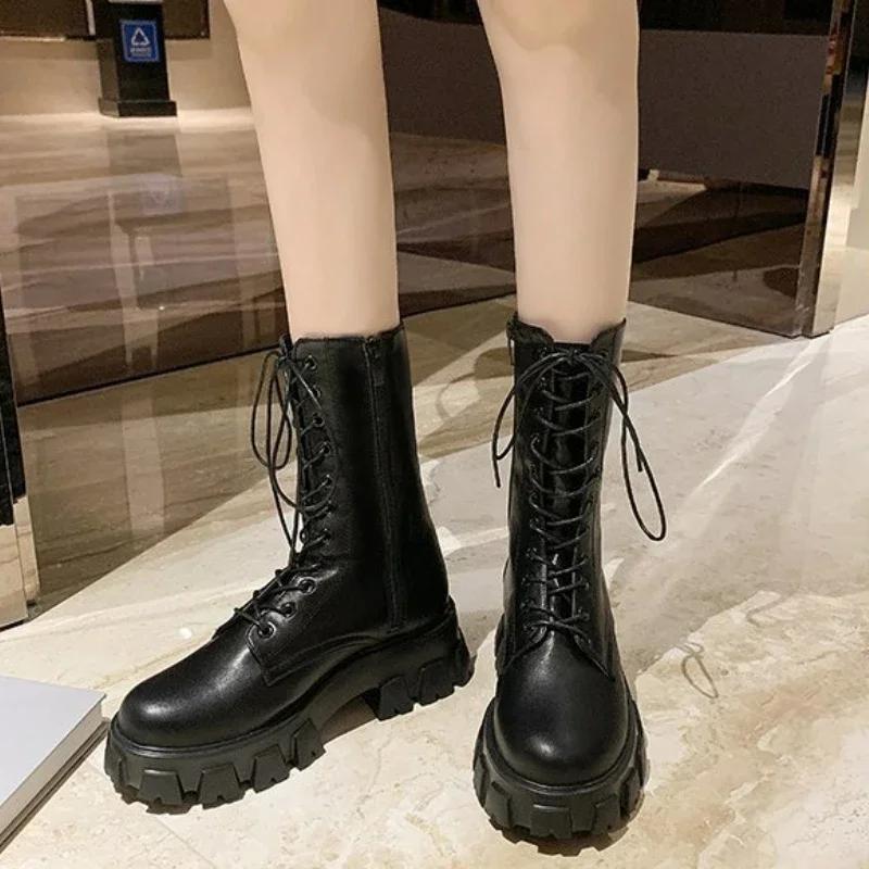 Mid Calf Boots Lace-up Women's Boots Pu Leather Platform Boot Non-Slip Zipper Ankle Boots Fashion Chunky Heel Women Shoes