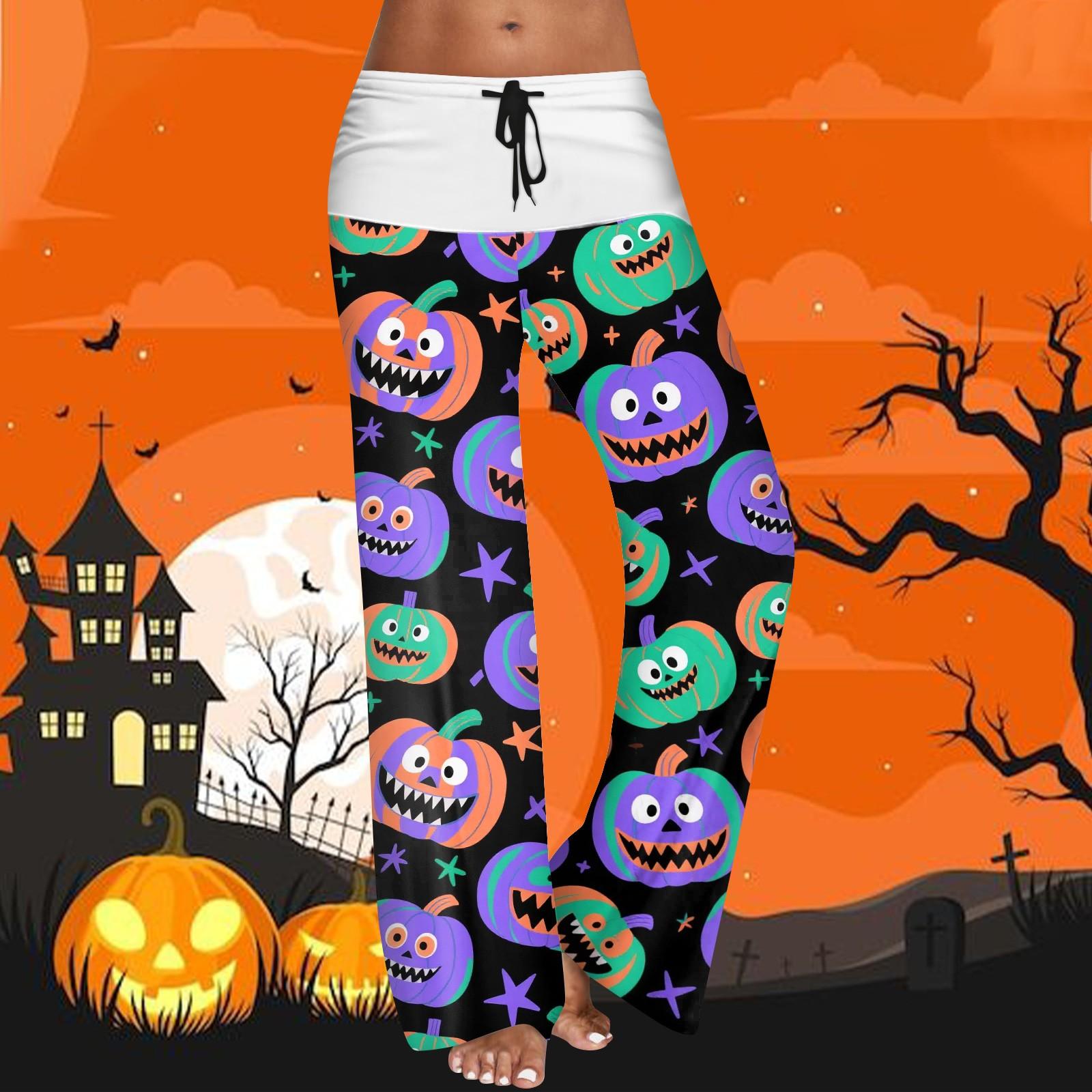 

Женские повседневные брюки с эластичным поясом на кулиске, широкими штанинами, цветной вставкой и принтом на Хэллоуин S фиолетовый