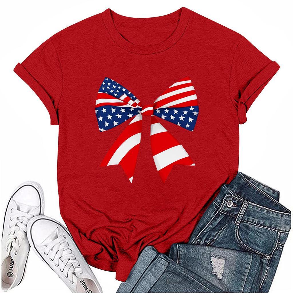Adults Casual Daily Round Neck Independence Day Printed Short Sleeved T-shirt Letter Top