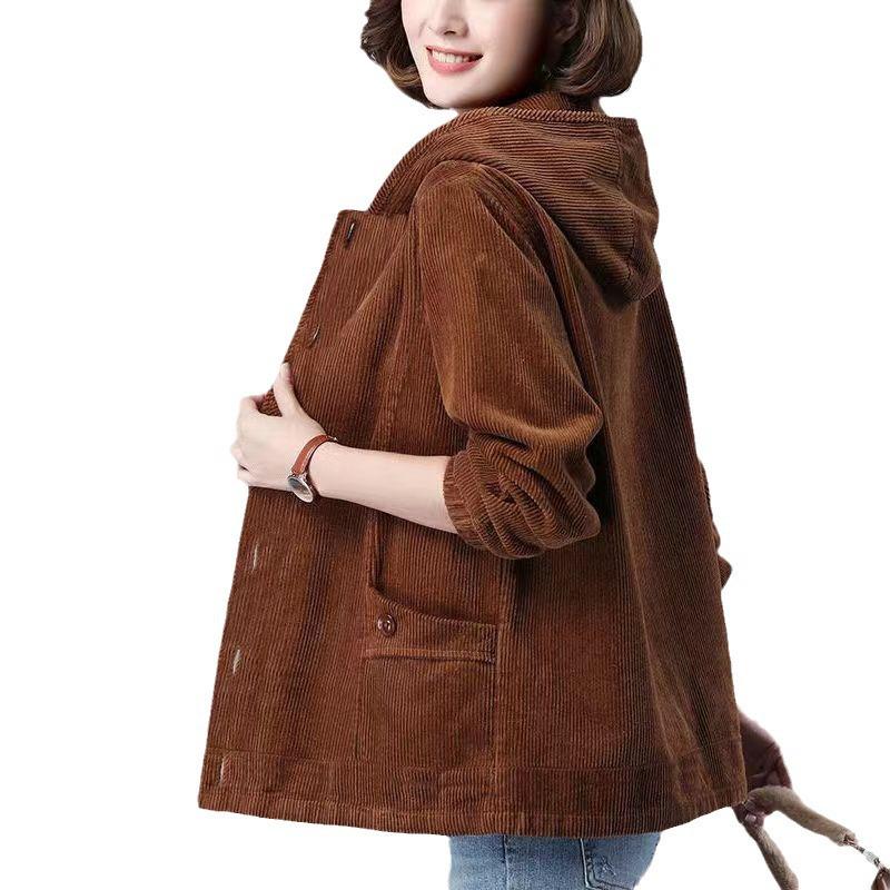 Plus Size Women's Corduroy Hooded Jacket, Spring/Autumn/Winter, Trendy Mother's Wear