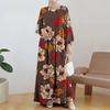 Abaya Maxi Dress da Donna con Stampa Floreale Scollo Tondo Manica Lunga Ampio Casual Robe Islamica Musulmana
