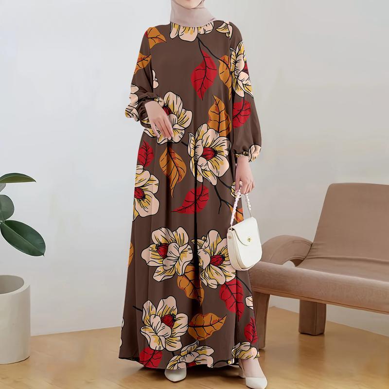 Abaya Maxi Dress da Donna con Stampa Floreale Scollo Tondo Manica Lunga Ampio Casual Robe Islamica Musulmana