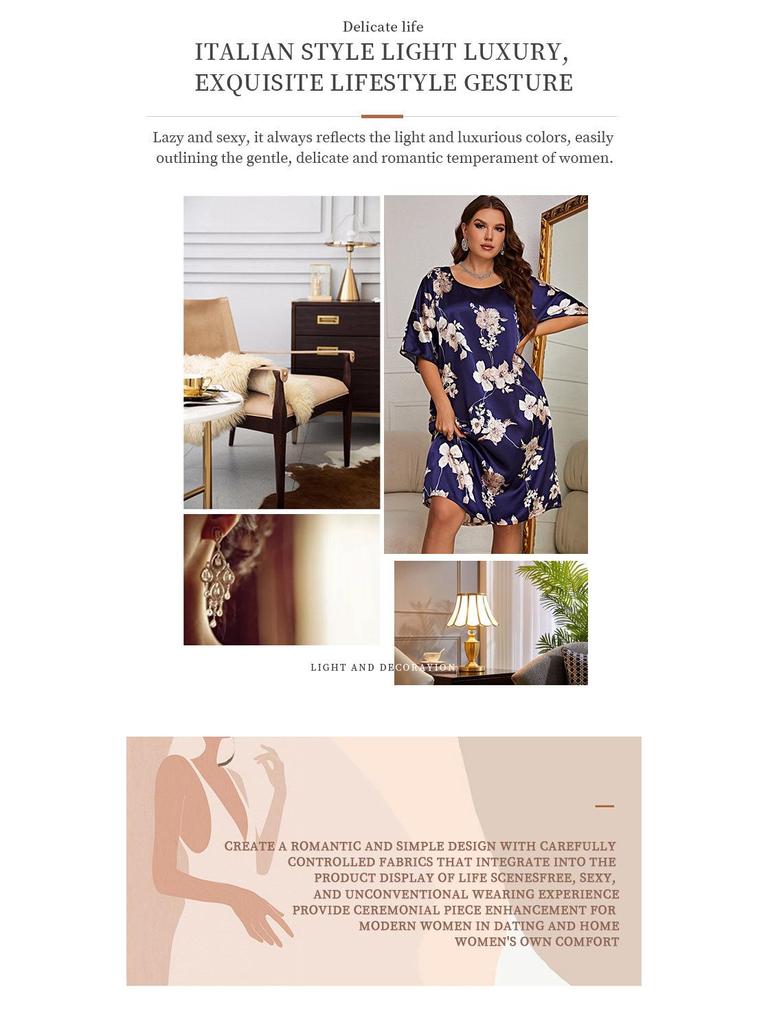 Plus Size Women's Mid-Length Silk Print Pajama Dress - Summer Pullover Nightwear