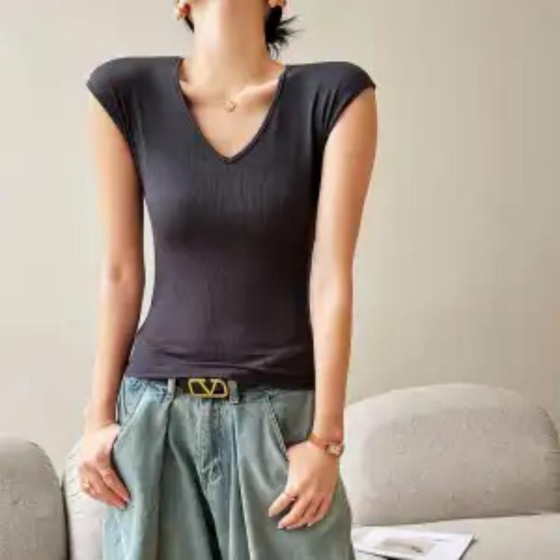 Women's Summer New Model Covering Side Boob Sleeveless Regular Shoulder T-Shirt Slim Fit Thin Base Top