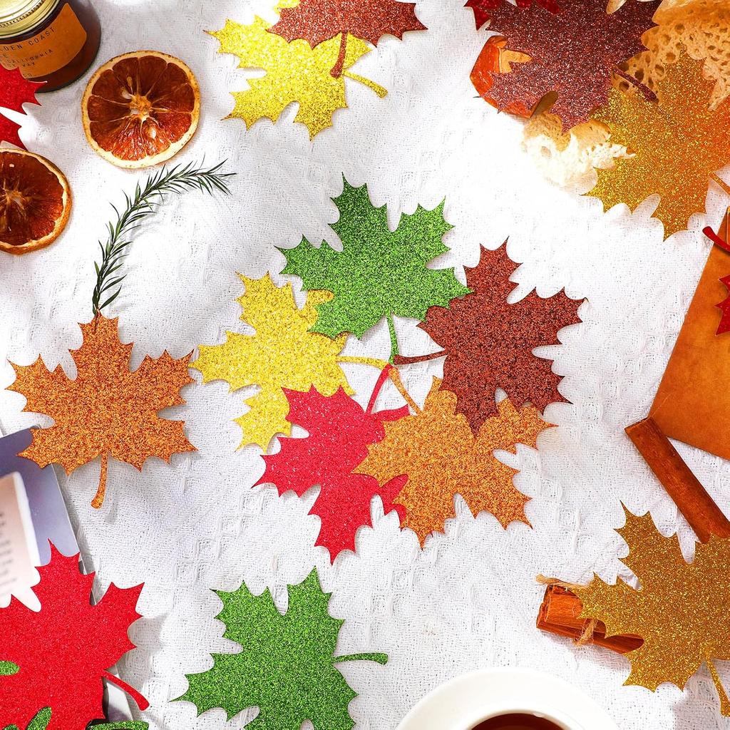 Demissle Thanksgiving Fall Leaves Bulletin Board Decorations Leaf Cutouts Glitter Maple with Adhesive Dots for Bulletin Board Classroom Decor(100