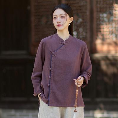 Camisas Vintage Femininas Tops Primavera Estilo Chinês Cor Sólida Gola Alta Botão Manga Longa Camisas
