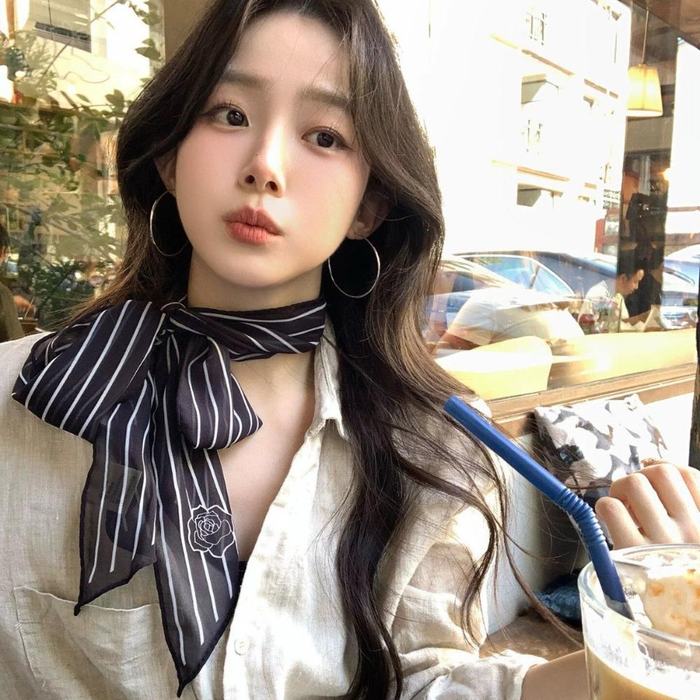 New Black White Striped French Style Scarf Ribbon Style Long Length Striped Scarf Elegant Neck Scarf Daily Wear