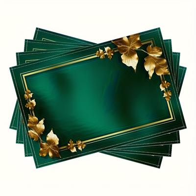 Set of 4 Festive Green Table Mats - Deep Emerald Green Polyester Placemats with Golden Leaf And Laurel Edges, Suitable for Holidays, Christmas