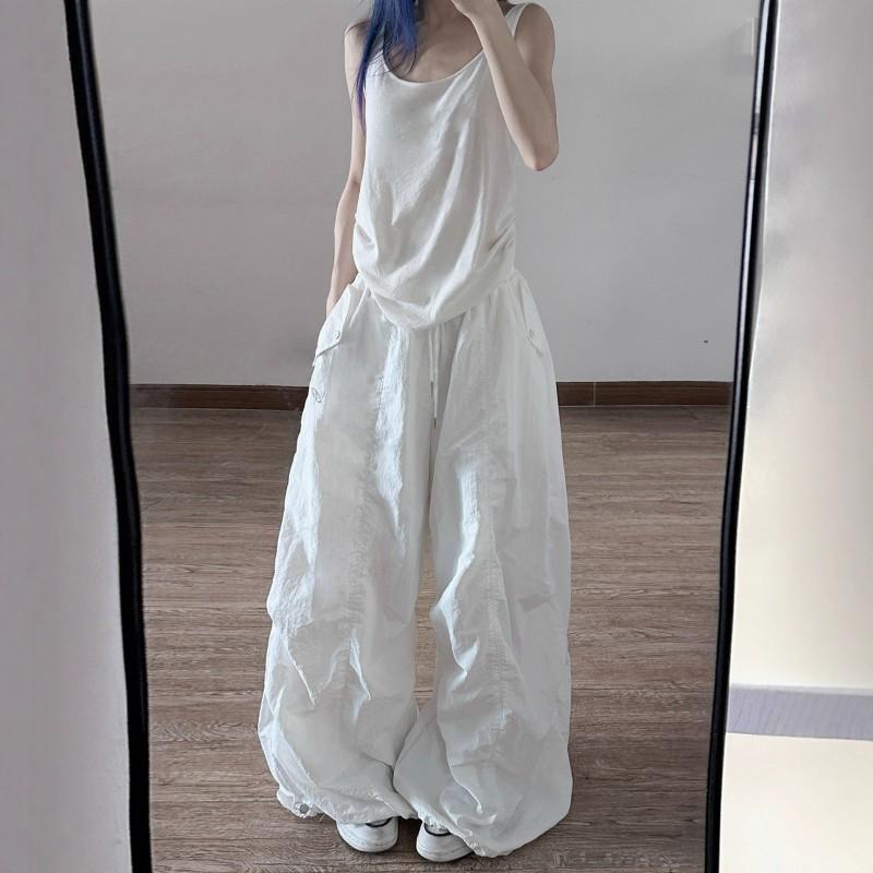 Womens White Loose Fit Cargo Pants Thin Quick Dry Nylon Streetwear Joggers Jazz Dance