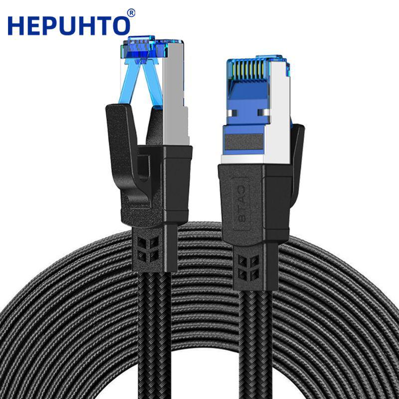 Cat8 Blue & Black Braided Network Cable, 40Gbps Flat Patch Cord, Pure Copper 7x0.1mm Shielded