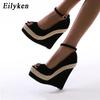 Fashion Eilyken Summer Street Style Peep Toe Solid Platform Wedges Sandals High Heels Women Straw Party Ankle-Wrap Shoes
