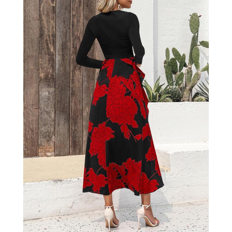 Women's Floral Print A-Line Dress Long Sleeve Crew Neck Midi Dress