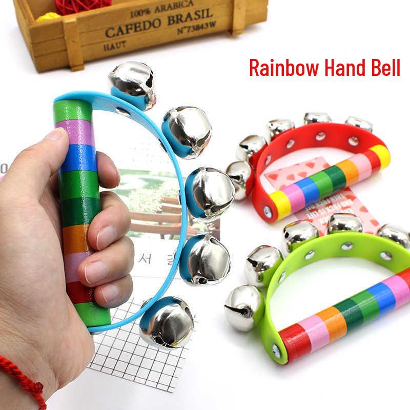 Seven-Color Wooden Handle Semi-Circular Hand-cranked Children's Educational Musical Rattle with Five Colorful Bells