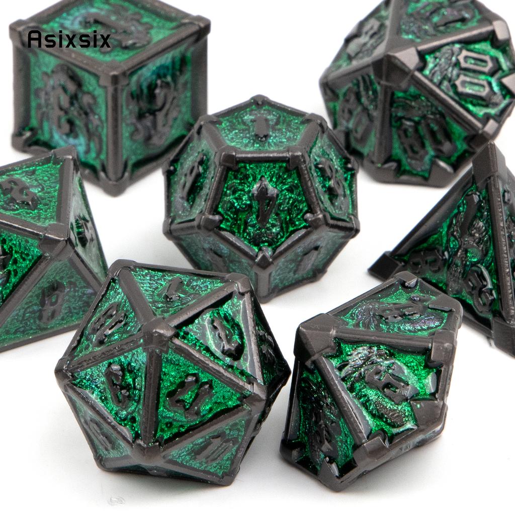7 Pcs Black Green Skull Metal Dice Solid Metal Polyhedral Dice Set Suitable for Role-Playing RPG Board Game Card Game