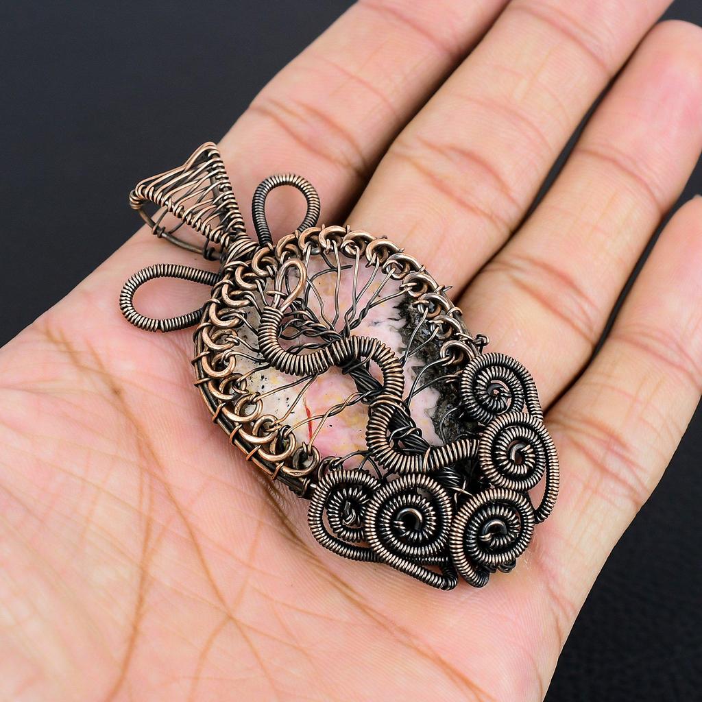 Rhodochrosite Jewelry, 999 Copper Wire Wrapped Pendant, Handmade Gemstone Jewelry Pendant, For Memorial Day