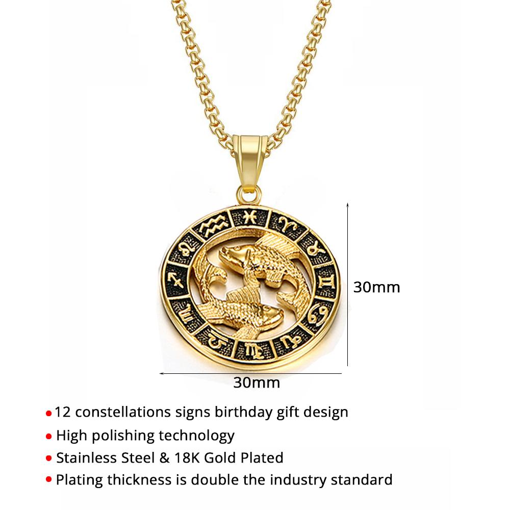 Gold Stainless Steel Zodiac Necklace Leo Scorpio Pendant for Women Men 12 Constellation Round Charm Jewelry Gift