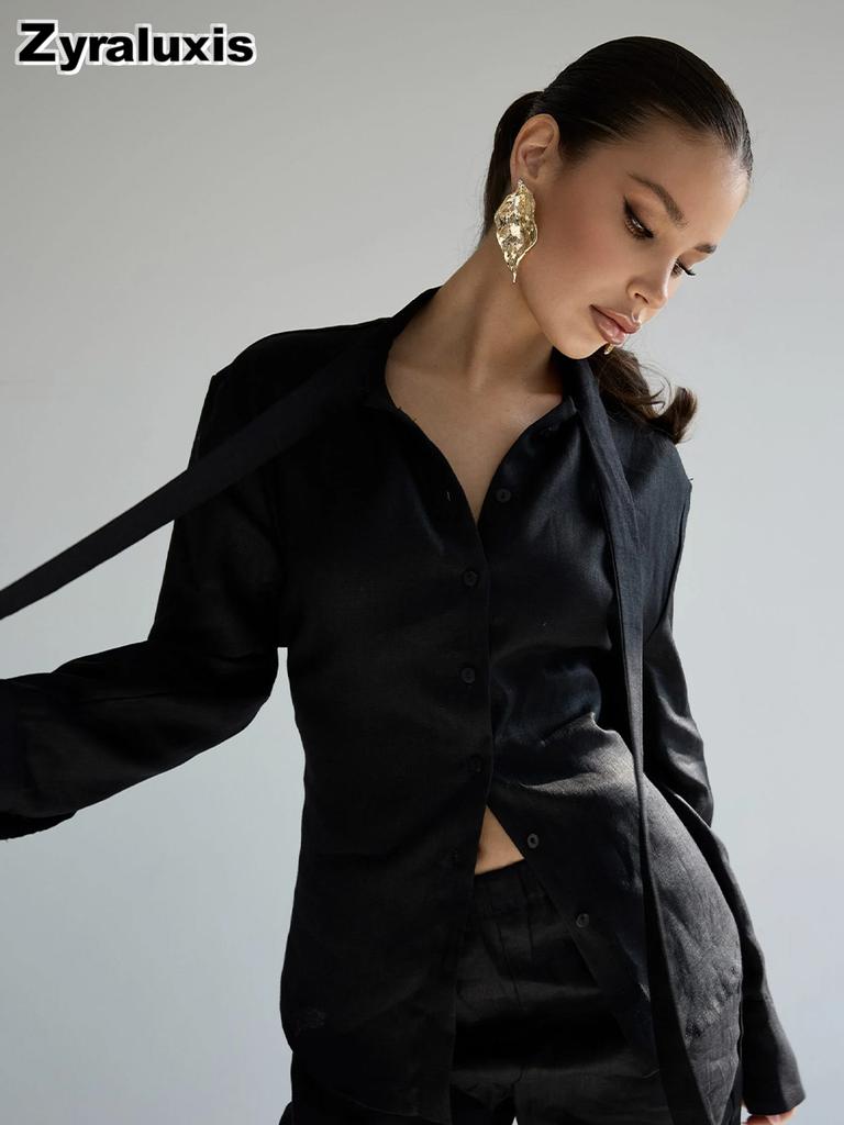 Rope Belt Shirt Women Autumn New Arrivals Tulle Overlay Casual Loose Fit Cotton Slim Fit Shirt